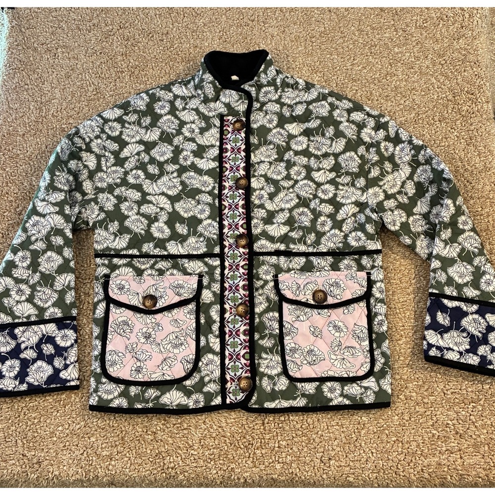 Commense Boheme Floral Patchwork Quilted Coat Flap Pockets Women's S